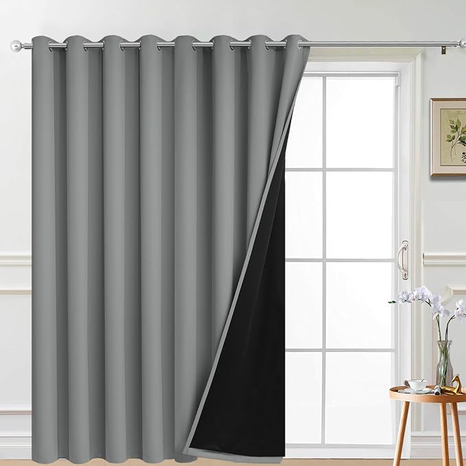 Yakamok Dove Grey Blackout Patio Door Curtain Panels W100 x L84,1 Panel | Noise Reducing Barrier Panel for Sliding Glass Door, 2 Thick Layers Heat Full Light Blocking Patio Door Drapery