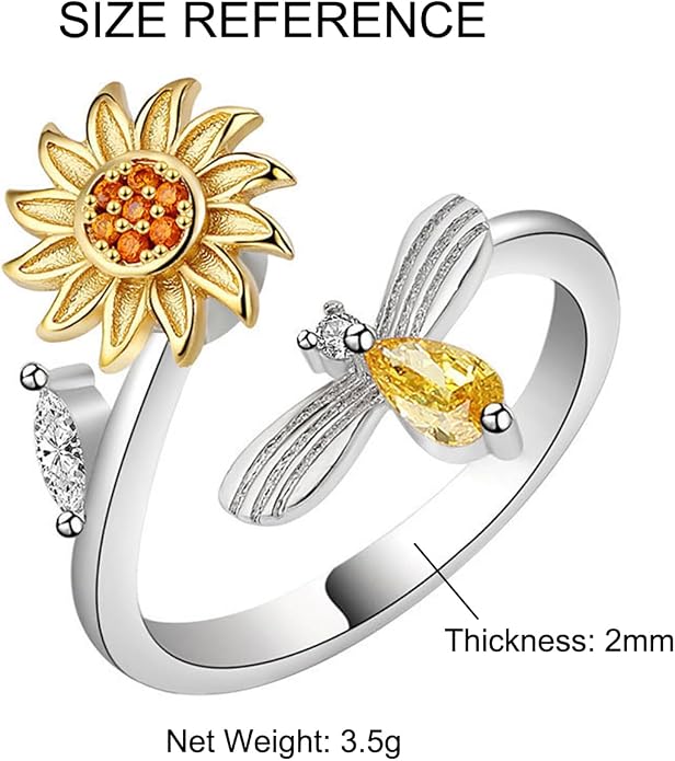 Fidget Ring Anxiety Spinner Ring Open Adjustable Sunflower Star Moon Windmill Butterfly Rings Daisy Stress Relieving Fidget Women Cubic Zirconia Anti Stress Mood Rotate Inspirations Jewelry