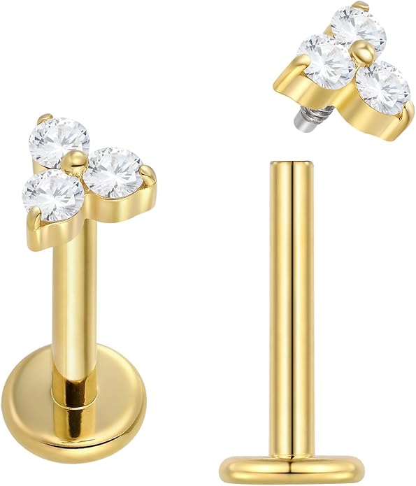 2PCS Titanium Internally Threaded Gem Labret | 16G Flat Back CZ Crystal Stud Earrings | Tragus Helix Cartilage Conch Lip Monroe | Implant Grade Body Piercing Jewelry