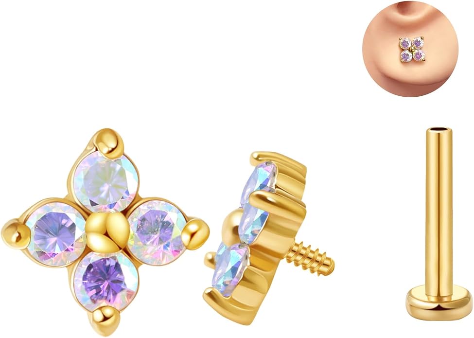 FANSING CZ Flower Internally Threaded Flat Back Earring Labret Stud for Cartilage Tragus Helix Conch