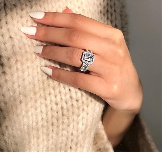 925 Sterling Silver Shiny Full Diamond Ring Square Cut 3Ct Cubic Zirconia Cocktail Rings CZ Multi Row Diamond Ring Eternity Engagement Wedding Band Ring for Women Z.47 (US Code 10)