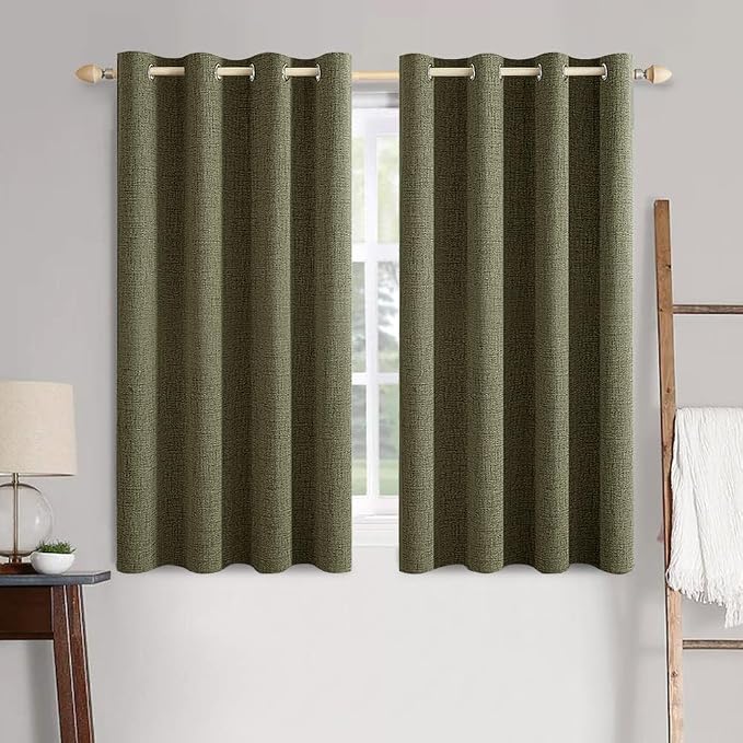 MIULEE Linen Texture Curtains for Bedroom Solid 100% Blackout Thermal Insulated Light Olive Green Curtains Grommet Room Darkening Drapes for Living Room 52x63 Inch (2 Panels)