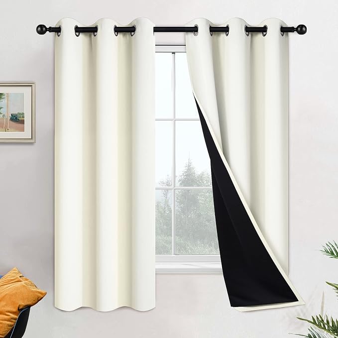 Yakamok Cream 100% Blackout Curtains 63 Inches Long for Bedroom 42" Wide | Blackout Curtain Panels for Bedroom, 2 Thick Layers Grommet Top Thermal Insulated Drapes with Black Liner for Living Room