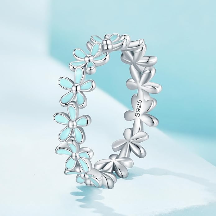 MUNDELL 925 Sterling Silver Dainty Daisy Rings Blue Flower Finger Rings for Women Stacking Promise Rings Fine Jewelry