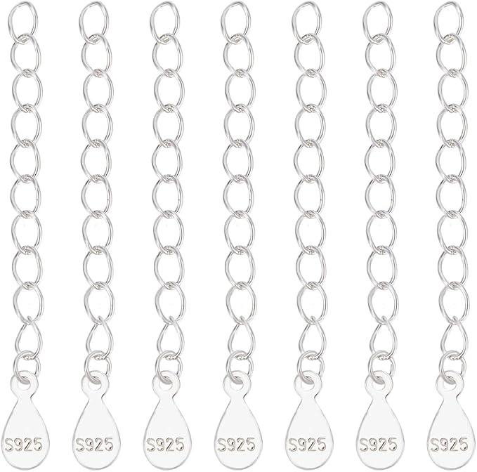 Beebeecraft 1 Box 10Pcs 925 Sterling Silver Chain Extender Necklace Bracelet Extension End Chains with Teardrop Chain Tabs S925 Stamp for Jewellery Making