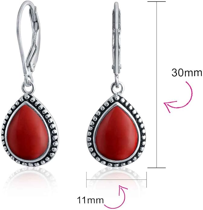 Bling Jewelry Boho Western Style Milgrain Setting Semi Precious Gemstones Lapis Turquoise Jade Onyx Quartz Pear Shaped Teardrop Lever Back Dangle Drop Earrings Teen Oxidized .925 Sterling Silver