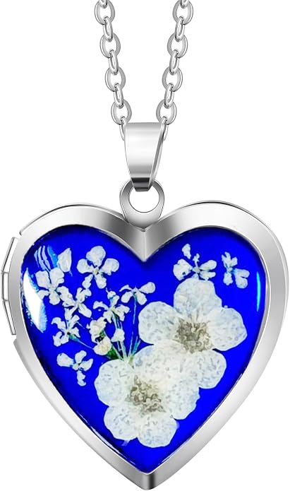 Handmade Heart Shaped Dried Pressed Forget Me Not Flower Photo Locket Pendant Necklace