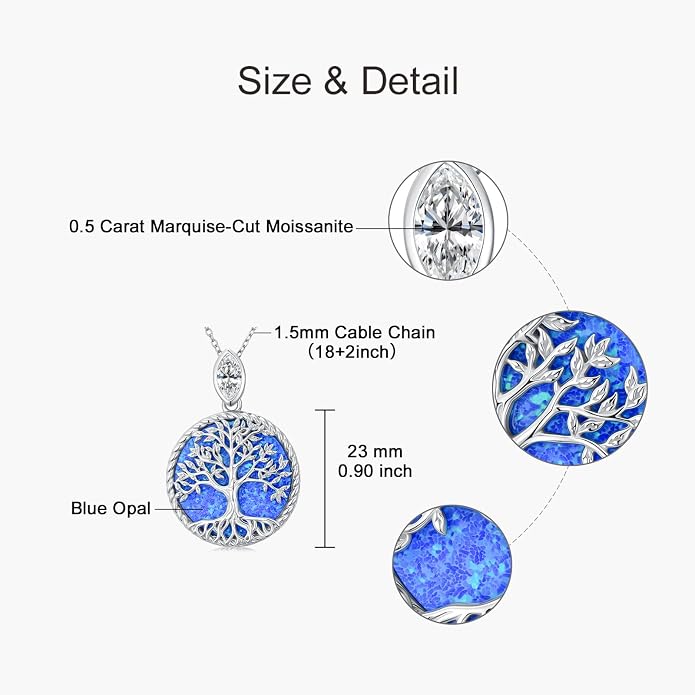 Tree of Life Moissanite Necklace, 925 Sterling Silver 0.5 Carat Moissanite Abalone Shell/Opal/Black Onyx/Turquoise/Malachite/Tiger Eye Stone Tree of Life Pendant Necklaces Jewelry Gift for Women Mom