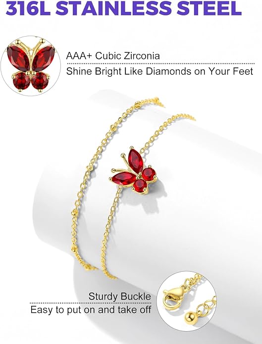 Richsteel Double Layer Heart/Butterfly Birthstone Anklet for Women Non Tarnish Waterproof, Silver/Gold/Black Stainless Steel 8.5-10.5 Inch Adjustable Chain Anklets Jewelry Gifts for Her