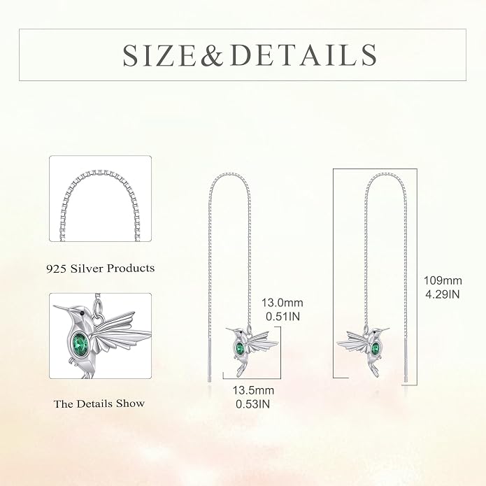Hummingbird Pull Through Threader Earrings 925 Sterling Silver Long Piercing Tassel Drop Dangle Ear Line Eardrop Earrings Origami Jewelry Birthday Gifts for Women