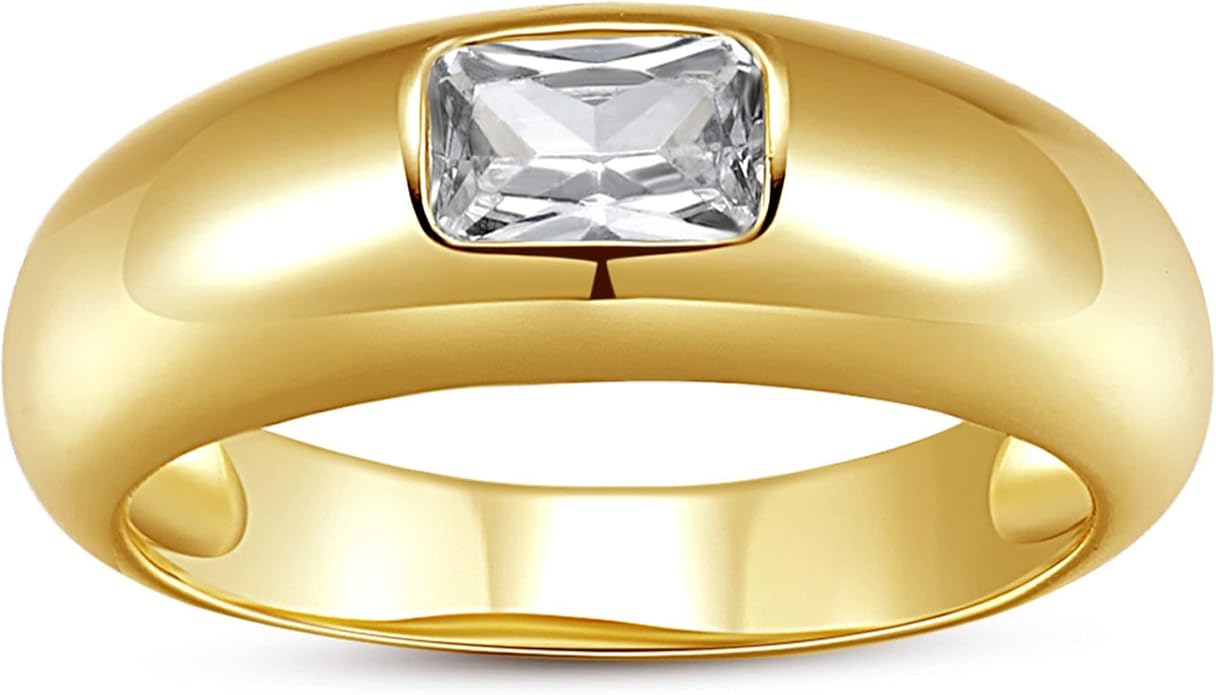 Baguette Dome Ring | CZ Set Gold Dome Ring | CZ Stacking Thick Band