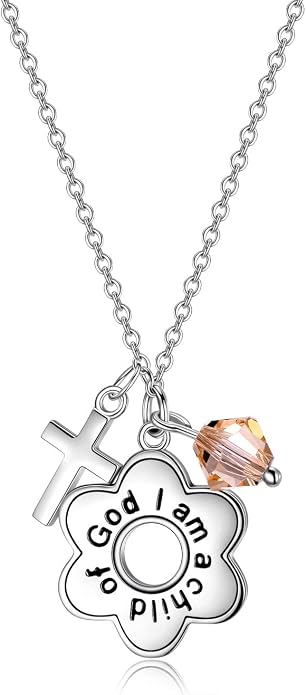 AOBOCO 925 Sterling Silver I Am a Child of God Daisy Necklace Jewelry Birthday Birthday Baptism Communion Gifts for Girls