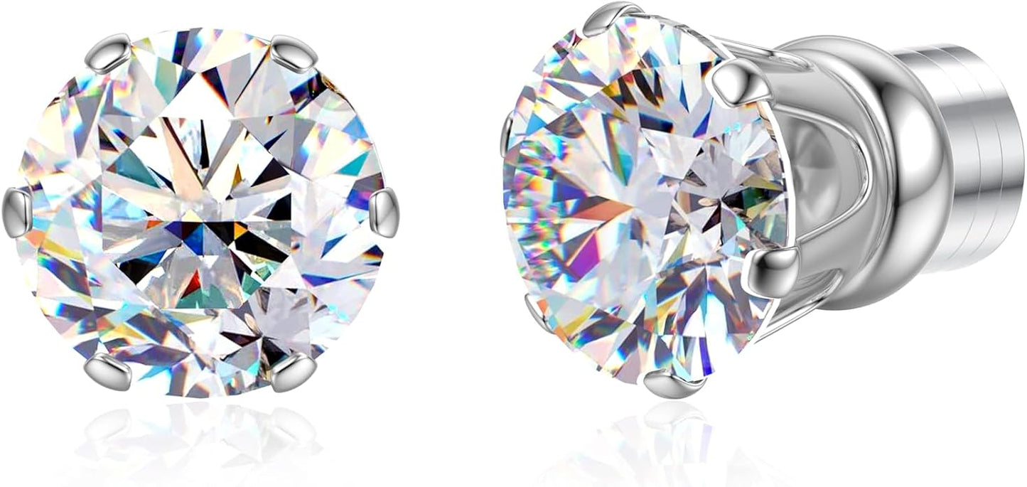 GEMQUEEN Moissanite Magnetic Earrings for Men Women : 18K White Gold Plated Hypoallergenic Stainless Steel Non Piercing Clip on Fake Earrings Studs Dainty Moissanite Earring Jewelry D Color VVS1