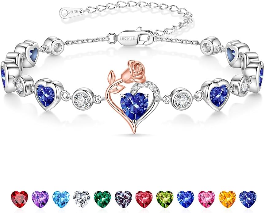 Iefil Birthstone Bracelets for Women - 925 Sterling Silver Rose Heart Charm Bracelets, Anniversary Birthday Gifts for Women Wife Mom Girlfriend Daughter, 6"+2"