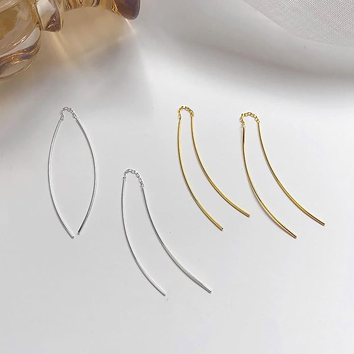 925 Sterling Silver Dainty Hard Wire Threader Dangle Earrings for Women 14k Gold Plated Tassel Threader Pull Through Long Half Hoop Earring Wedding Bridal Birthday Jewelry Gifts