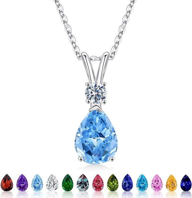 Iefil 925 Sterling Silver Birthstone Necklaces for Women - Teardrop Birthstone Jewelry, Anniversary Birthday Gifts for Women Wife Her