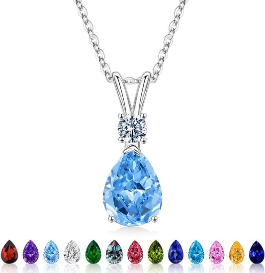 Iefil 925 Sterling Silver Birthstone Necklaces for Women - Teardrop Birthstone Jewelry, Anniversary Birthday Gifts for Women Wife Her