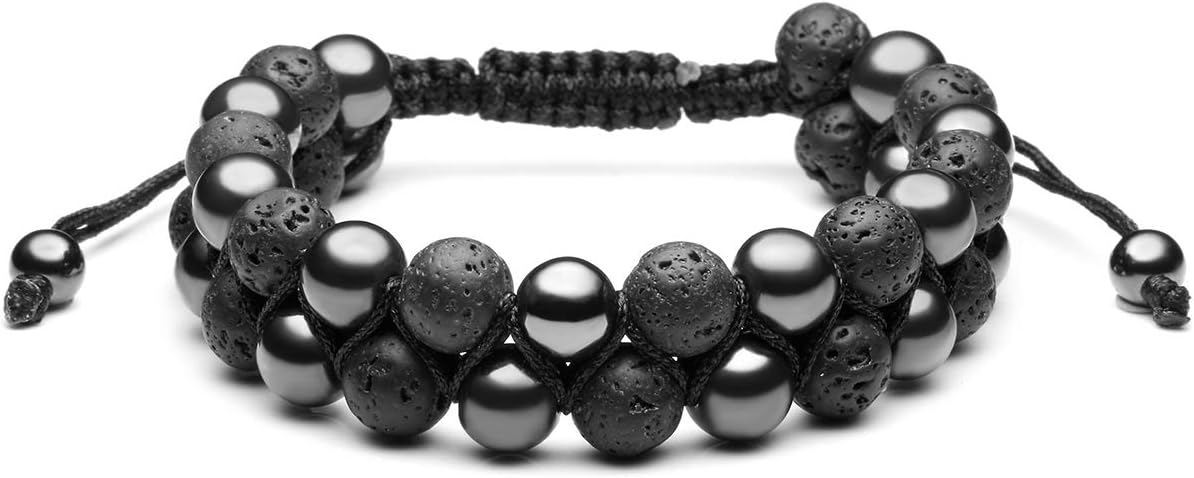 Jovivi 4pcs Hematite Beads Black Agate Lava Rock Stones Tiger Eye Bracelets for Men Double Layer Stress Relief Aromatherapy Essential Oil Diffuser Healing Lava Bracelet Adjustable