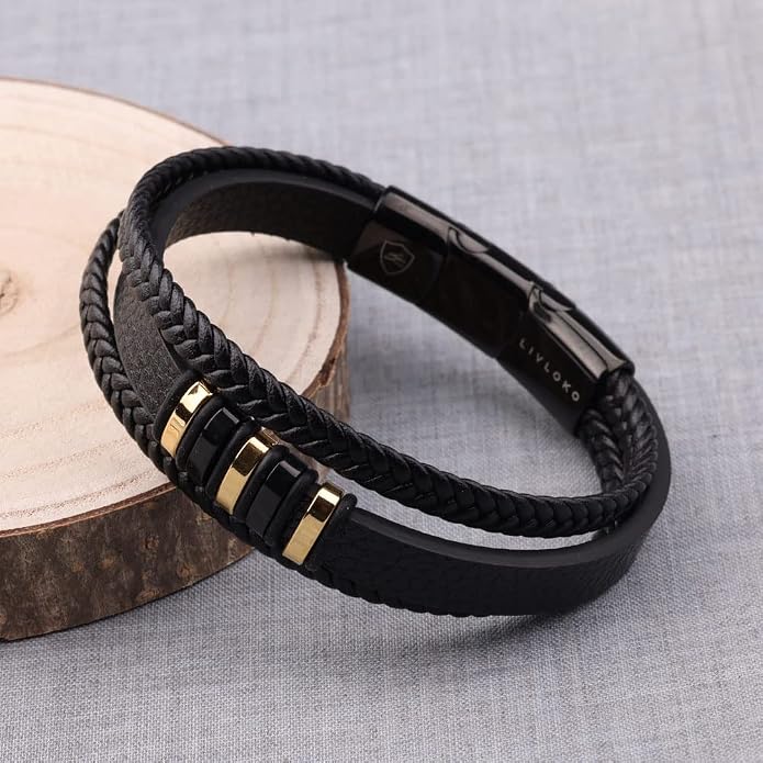 LONDON Mens Bracelet Leather Black Multi-Layer Stone Beads Adjustable Steel Clasp Viking Rope Bands Surfer Man Wristband Male UK Jewellery Gift box Boyfriend Dad Son Brother Tiger Eye