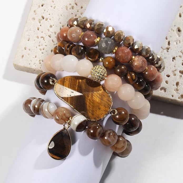 Yomisa 5PCS 6PCS Natural Boho Beaded Bracelets/Bangle for Women Men,Healing Turquoise Jasper Agate Crystal Gemstone Stone Chakra Multilayer Wrap Bohemian Handmade Jewelry Beads Stretch Bracelet Set