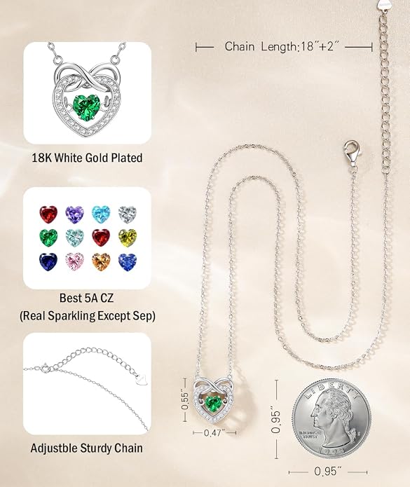 Trendy Dainty Infinity Birthstone Necklace, Dancing Heart 18K White Gold Plated 925 Sterling Silver Heart Necklace, Romantic Love Jewelry Graduation Gifts for Women Her
