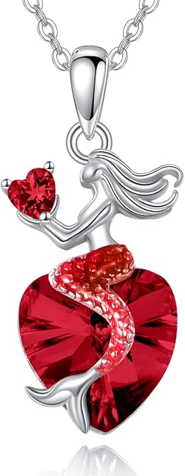 Mermaid Birthstone Necklace for Women 925 Sterling Silver Jewelry Austrian Crystal Pendant Christmas Gifts for Her