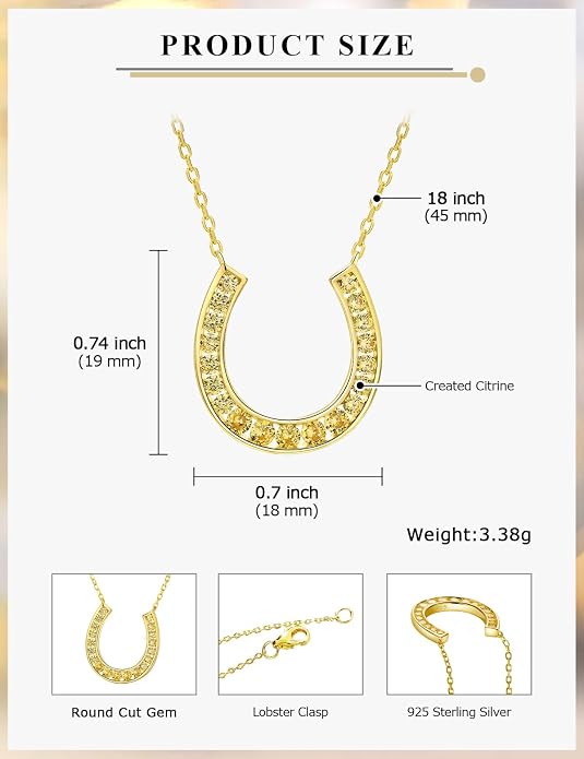 Luck Horseshoe Necklace 14K Gold Plated/Sterling Silver Created Gemstone Pendant with Chain Channel Set U Shaped Charm Necklace Birthstone Jewelry