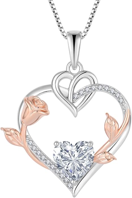 Rose Heart Necklaces for Women - 925 Sterling Silver Gold Rose Birthstone Pendant Jewelry for Girlfriend Daughter - Anniversary Birthday Christmas Valentines Day Mother’s Day Jewelry Gifts for Women Wife Her Girls Mom