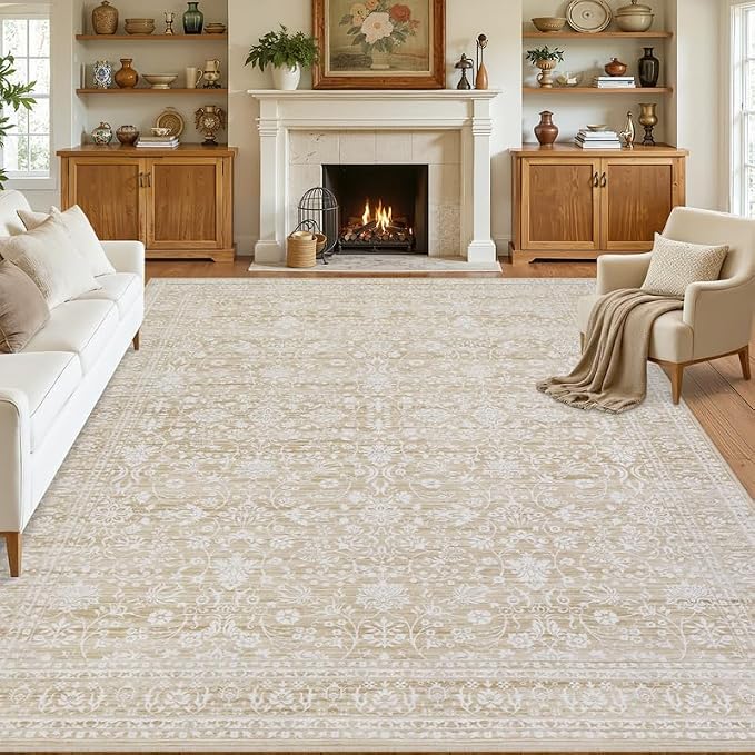 8x10 Area Rugs for Living Room: Vintage Boho Neutral Washable Rug Indoor Soft Large Area Rug Carpet for Bedroom Nursery Farmhouse Dining Room Office Floor Non-Slip Low Pile Under Table Natural Beige