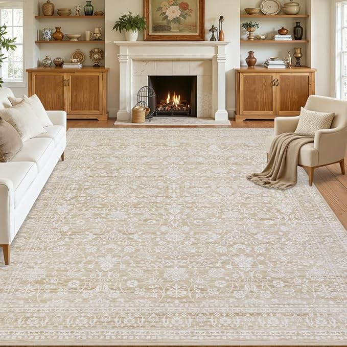 10x14 Area Rug for Living Room: Vintage Boho Neutral Washable Rug Indoor Soft Large Area Rug Carpet for Bedroom Nursery Farmhouse Dining Room Office Floor Non-Slip Low Pile Under Table Natural Beige