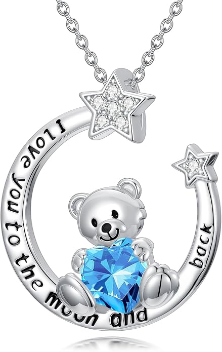 PELOVNY Teddy Bear Necklace for Women 925 Sterling Silver Bear/Highland Cow/Fox/Cat/Axolotl Birthstone Necklace Christmas Birthday Jewelry Gifts for Mom Daughter Wife Sister