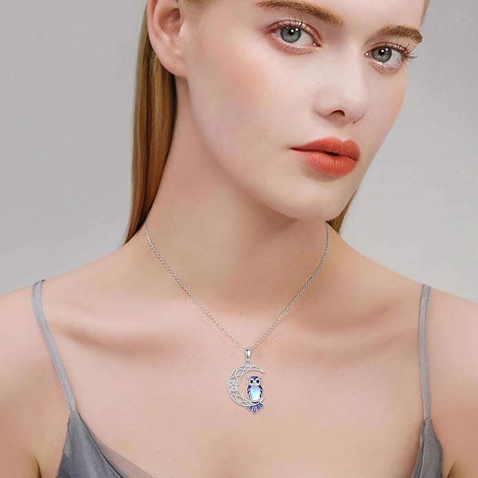 Owl Birthstone Necklace Sterling Silver Celtic Moon Pendant Cubic Zirconia Owls Jewelry Birthday Gifts for Women Men