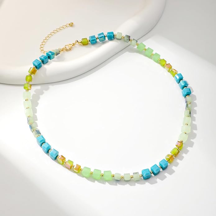 LALAPPLE Colorful Beaded Gemstone Necklace for Women, Boho Rainbow Bead Choker with Natural Stone Crystal Beads, Handmade Summer Beach Necklace Jewelry