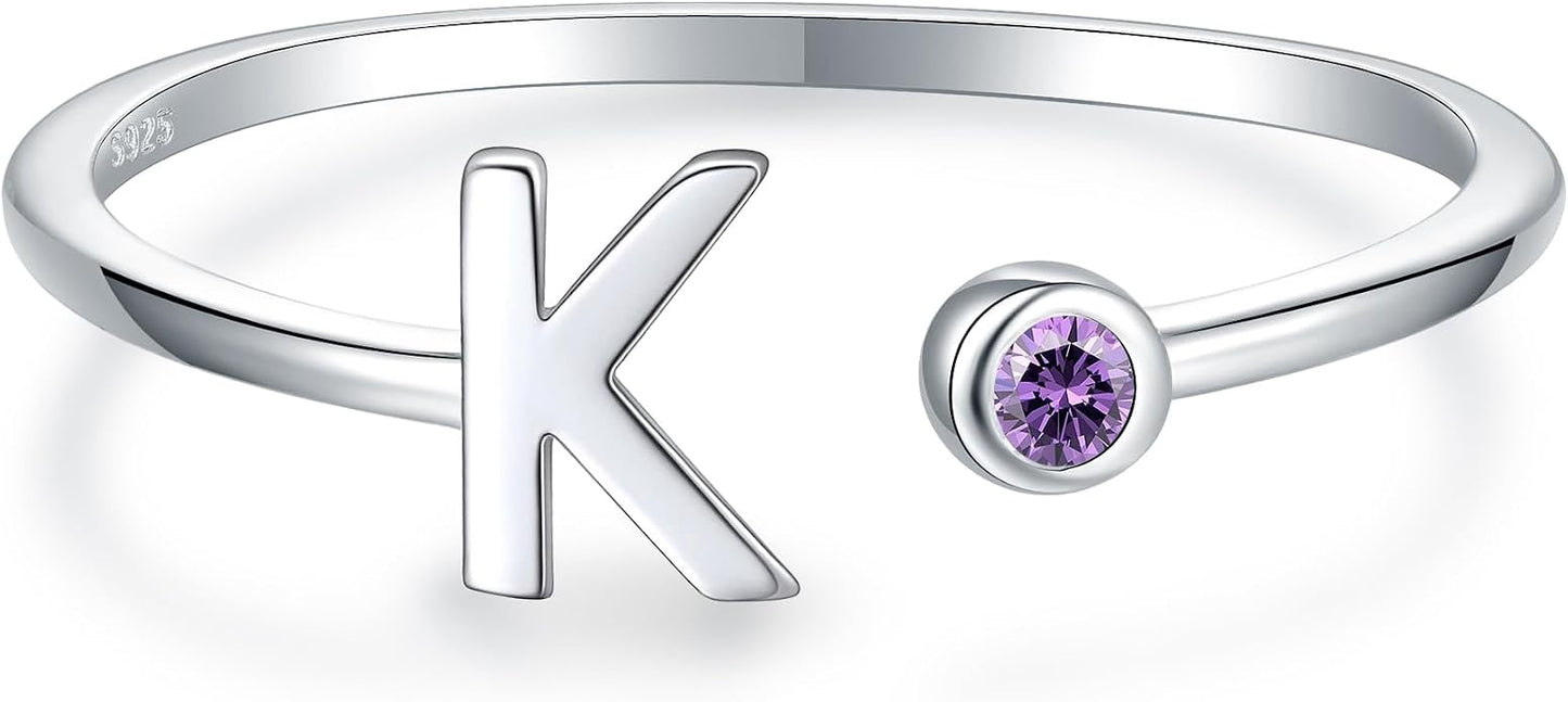 925 Sterling Silver Initial Letter Birthstone Rings for Women Adjustable 1-12 Month Birthstone Alphabet Stacking Ring for Teens Girls Stackable Birthstone Rings Birthday Jewelry Gift for Daughter Mom