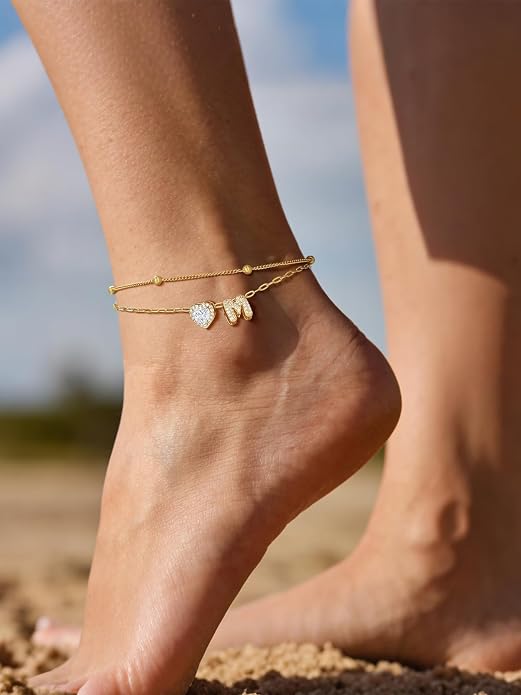 FindChic Silver/14K Gold Plated Layered CZ Initial Ankle Bracelet for Women | Waterproof Stainless Steel, Cubic Zirconia Letter Charm, Non-Tarnish, Hypoallergenic, Adjustable Extender, Summer Jewelry