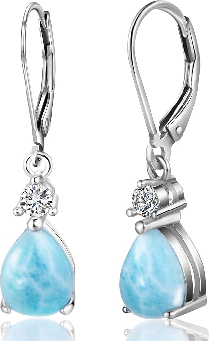 MDFUN 925 Sterling Silver Natural Larimar Earrings for Women Hypoallergenic Dangle Drop Blue Gemstone Leverback Jewelry