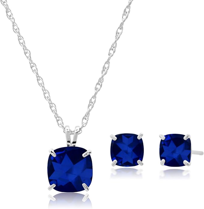 MAX + STONE 14k Gold Plated or Sterling Silver Cushion Cut Gemstone Stud Earrings and Pendant Necklace for Women with 6mm and 8mm Birthstones 18 Inch Chain and Push Backs Jewelry Set