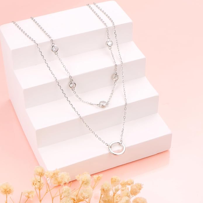 Layered Choker Necklaces for Women S925 Sterling Silver Circle/Heart/Cross/Star Multi Layered Necklace Handmade Bead Chain Adjustable Jewelry for Birthday