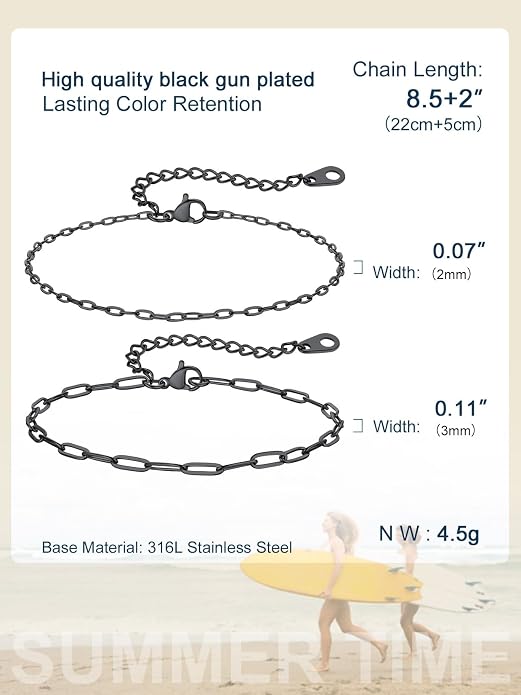 ChainsPro Stainless Steel Waterproof Anklet for Women, Adjustable Non Tarnish Layered Anklets, Trendy Dainty Cuban Link Ankle Bracelet Beach Jewelry Gifts for Swimming & Daily Wear (8.5+2 inches)