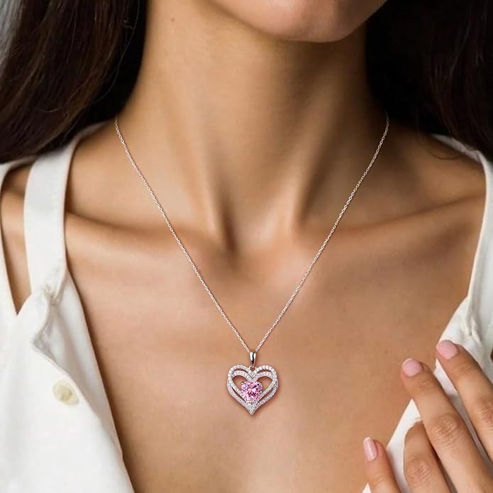 Anniversary Charm Necklace, Sterling Silver 14K Gold Plated Chain with Interlocking Heart Pendant Elegant Birthstone Necklaces for Women, Length 18"