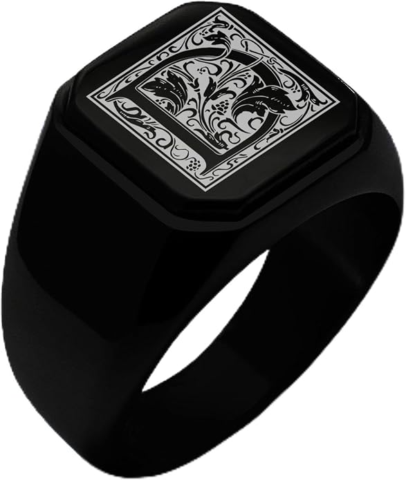 Jewelry | Stainless Steel Letter Alphabet Initial Ring | Square Flat Top Ring for Men & Women | Stainless Steel Jewelry, (Black, Gold, Silver), Size 7-16
