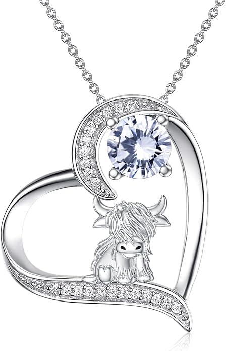 Highland Cow Gifts for Women 925 Sterling Silver Highland Cow Birthstone Necklace Fluffy Cow Jewelry Gifts Birthday Christmas