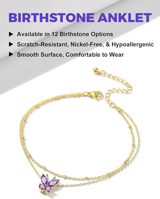 Richsteel Double Layer Heart/Butterfly Birthstone Anklet for Women Non Tarnish Waterproof, Silver/Gold/Black Stainless Steel 8.5-10.5 Inch Adjustable Chain Anklets Jewelry Gifts for Her