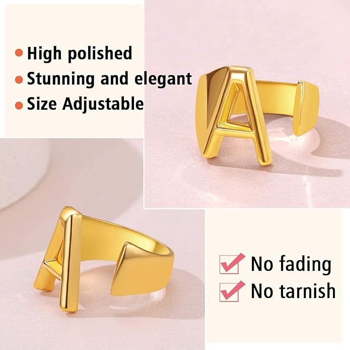 FindChic Customizable Initial Ring Statement 18K Gold Plated Fashion Cuff Rings for Women Alphabet Letter A to Z Resizable Knuckle Ring (with Gift Box)