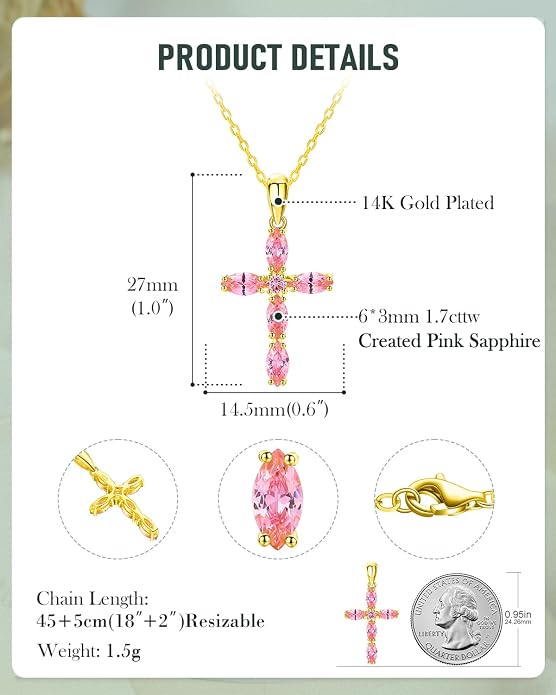 14K Gold Plated 925 Sterling Silver Birthstone Cross Necklace for Women Men