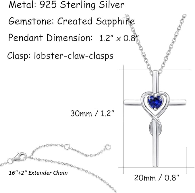 FANCIME Birthstone Cross Necklace for Women Birthstone Necklace Heart Infinity Cross Pendant Necklace Fine Jewelry Christmas Birthday Holiday Gifts for Her, 16"+2" Inches