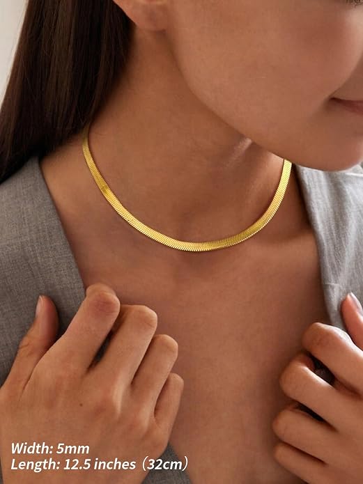 FindChic Black/14K Gold Plated Herringbone Choker Chain Necklace for Women | Waterproof Stainless Steel, Dainty Layering, Flat Snake Chain, Non-Tarnish, Hypoallergenic, Adjustable Extender, Gift Box