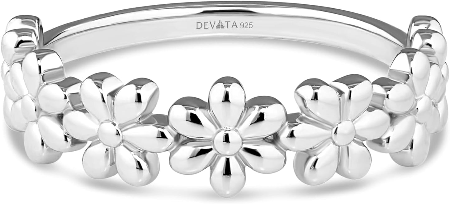 DEVATA Gold or Rhodium Plated Sterling Silver 925 – Eternity, Band Ring for Women – Heart, Knot, Clover, Infinity, Mariner, Cable, Curb, Cuban, Figaro, Daisy, Rope, Ribbed, Dome