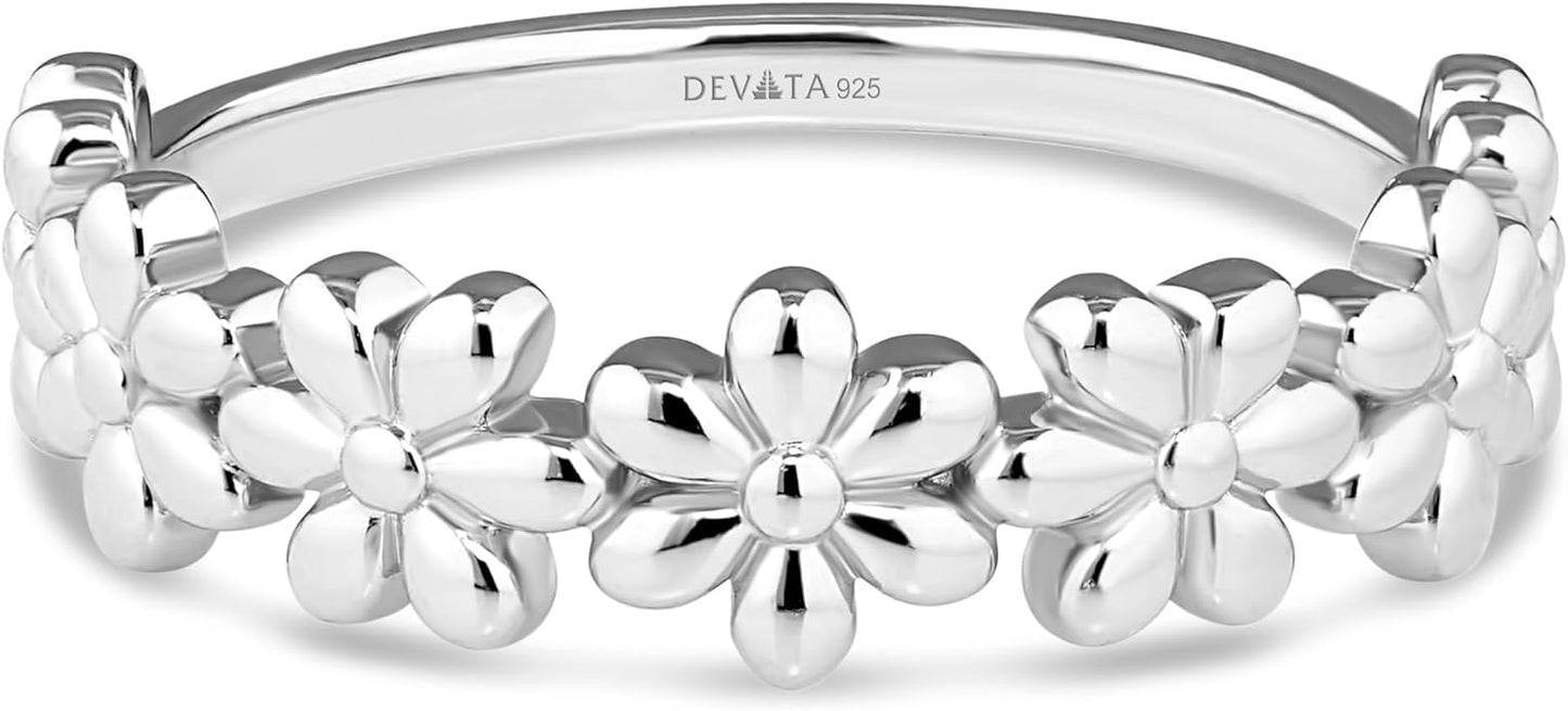 DEVATA Gold or Rhodium Plated Sterling Silver 925 – Eternity, Band Ring for Women – Heart, Knot, Clover, Infinity, Mariner, Cable, Curb, Cuban, Figaro, Daisy, Rope, Ribbed, Dome