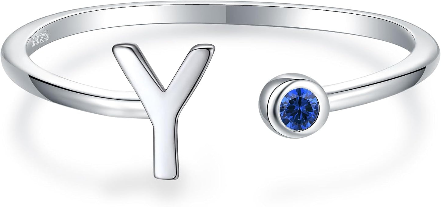 925 Sterling Silver Initial Letter Birthstone Rings for Women Adjustable 1-12 Month Birthstone Alphabet Stacking Ring for Teens Girls Stackable Birthstone Rings Birthday Jewelry Gift for Daughter Mom
